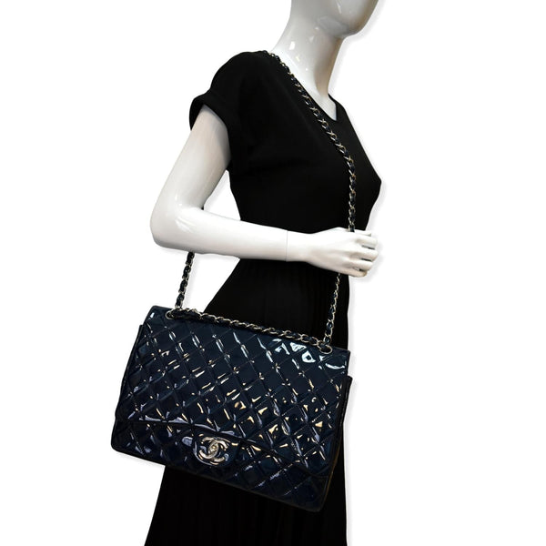 CHANEL Classic Maxi Double Flap Quilted Patent Leather Shoulder Bag Marine