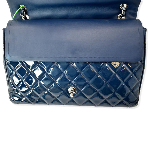 CHANEL Classic Maxi Double Flap Quilted Patent Leather Shoulder Bag Marine