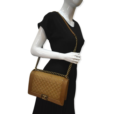 CHANEL Medium Boy Flap Leather Shoulder Bag Beige
