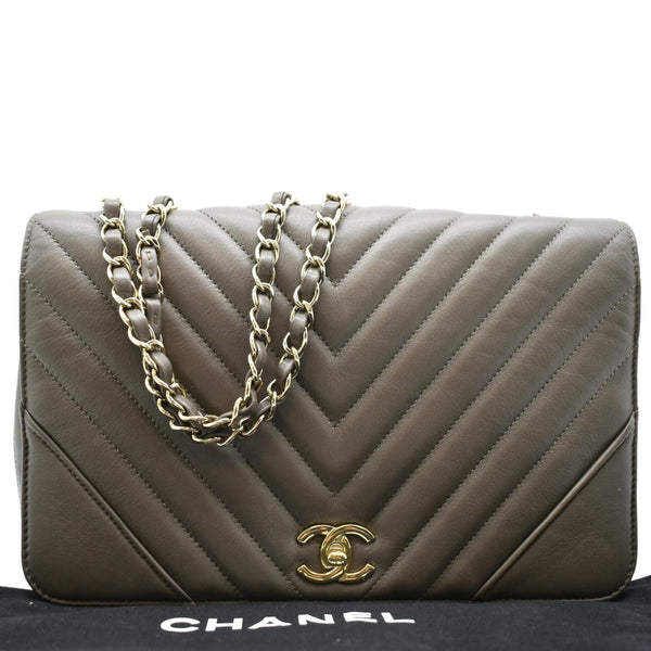 CHANEL Statement Medium Flap Quilted Chevron Crossbody Bag Khaki
