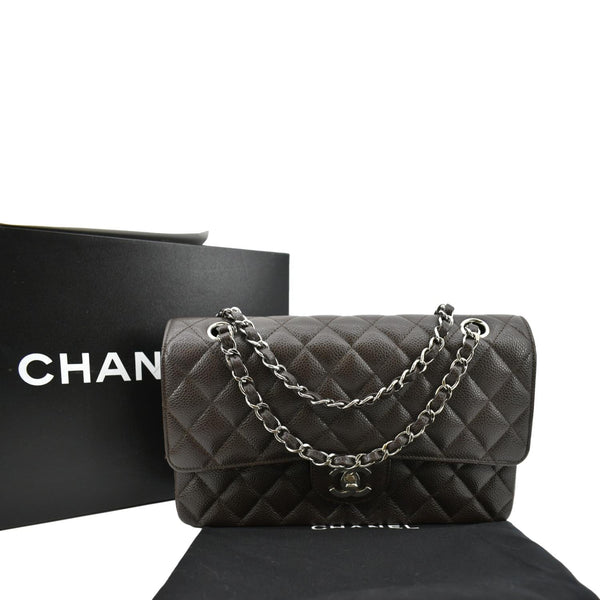 CHANEL Classic Medium Double Flap Caviar Leather Shoulder Bag Chocolate