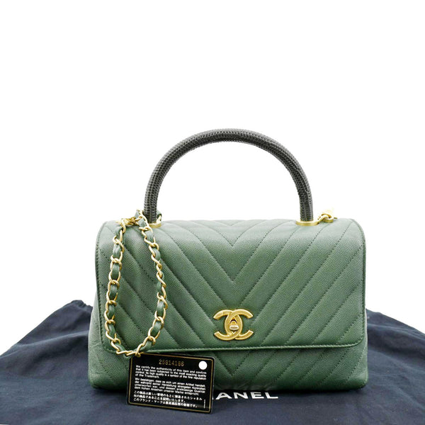 CHANEL CC Caviar Leather Top Handle Flap Shoulder Bag Green