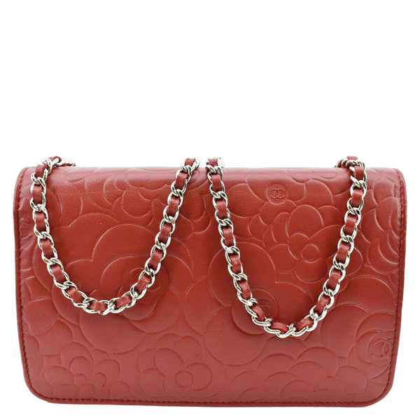 CHANEL Camellia Wallet On Chain Leather Woc Crossbody Bag Red