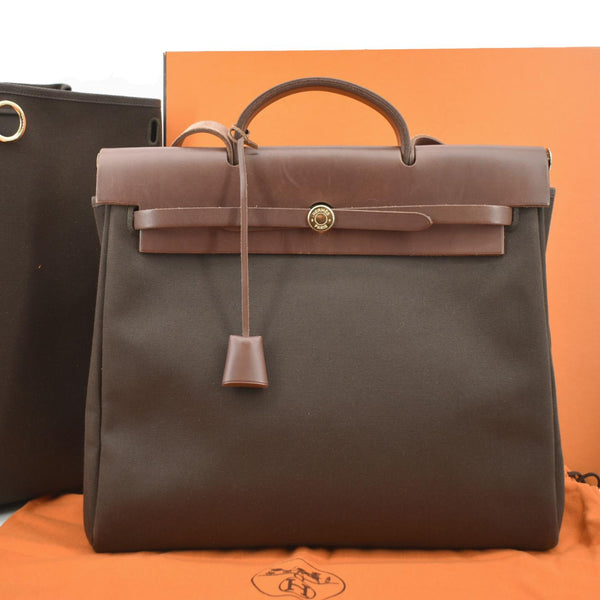 HERMES Herbag MM Canvas Leather Shoulder Bag Brown