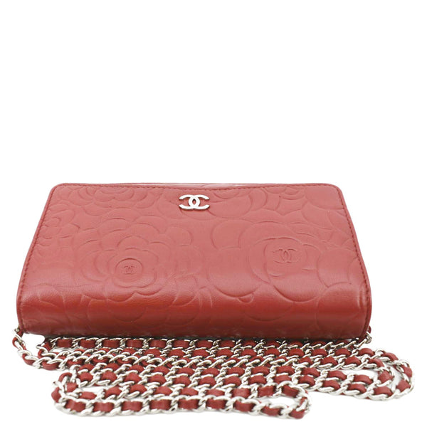 CHANEL Camellia Wallet On Chain Leather Woc Crossbody Bag Red