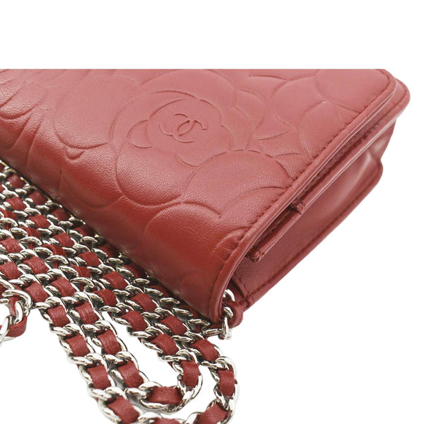 CHANEL Camellia Wallet On Chain Leather Woc Crossbody Bag Red