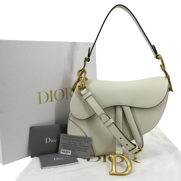 CHRISTIAN DIOR Saddle Grained Calfskin Leather Shoulder Bag Ivory