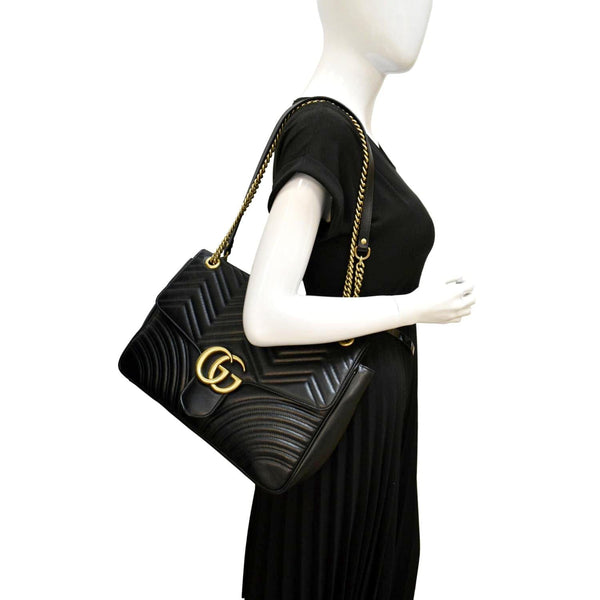 GUCCI GG Marmont Large Matelasse Leather Shoulder Bag Black 498090