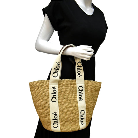 CHLOE Woody Large Raffia Basket Tote Bag Beige
