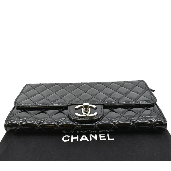 CHANEL Long Flap Quilted Patent Leather Chain Shoulder Bag Black