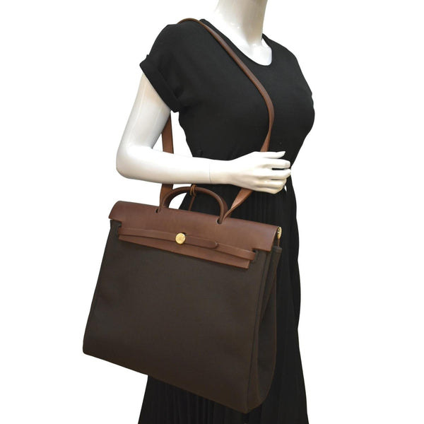 HERMES Herbag MM Canvas Leather Shoulder Bag Brown