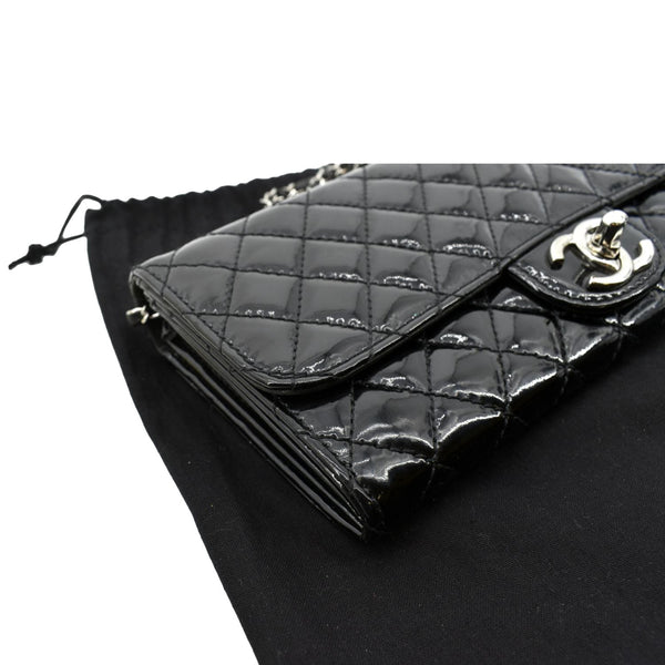 CHANEL Long Flap Quilted Patent Leather Chain Shoulder Bag Black
