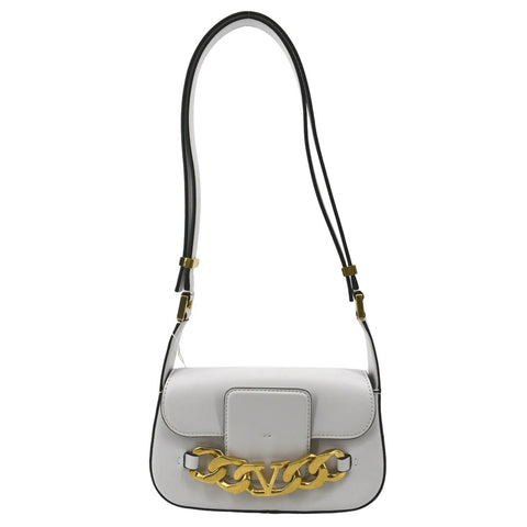 VALENTINO V Logo Chain Leather Shoulder Crossbody Bag Off White