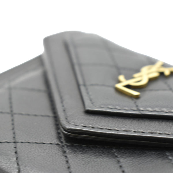 YVES SAINT LAURENT Gaby Compact Tri Fold Small Quilted Leather Wallet Black