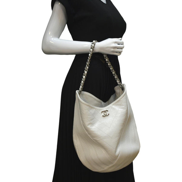 Chanel Droplet Patent Leather Hobo Bag White - Full View