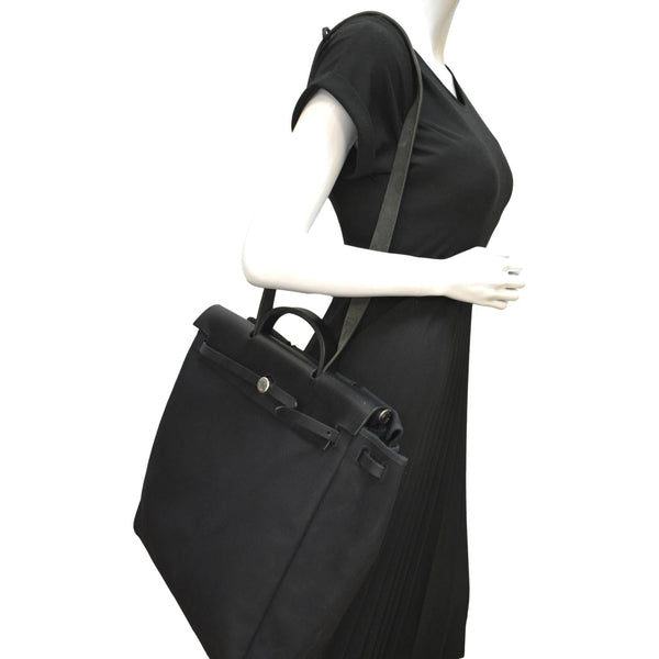 Hermes Herbag Canvas Leather Shoulder Bag Black - Full View