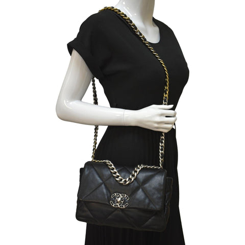 CHANEL 19 Small Flap Quilted Lambskin Leather Shoulder Bag Black - Final Sale