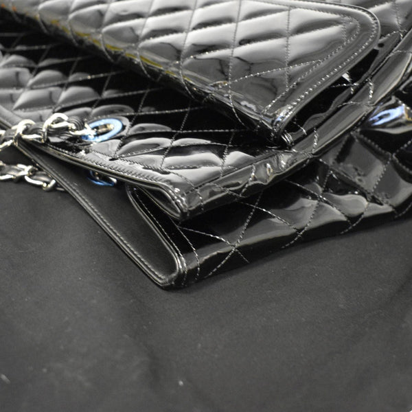 CHANEL Front Pocket Quilted Patent Leather Shopping Tote Bag Black