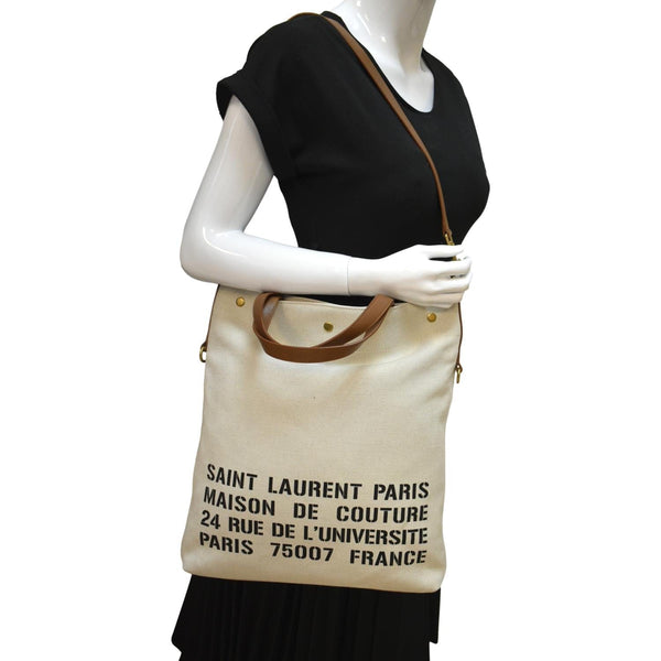 YVES SAINT LAURENT North South Foldable Canvas Smooth Leather Shoulder Bag Naturel