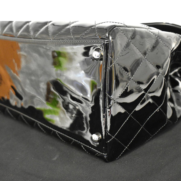 CHANEL Front Pocket Quilted Patent Leather Shopping Tote Bag Black