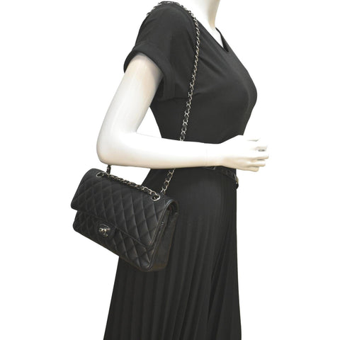 CHANEL Classic Medium Double Flap Caviar Leather Shoulder Bag Black