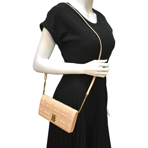 BURBERRY Tb Lola Quilted Lambskin Chain Shoulder Bag Beige