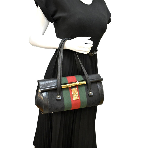 Gucci Bamboo Bullet Calfskin Leather Satchel Bag Black - Full View