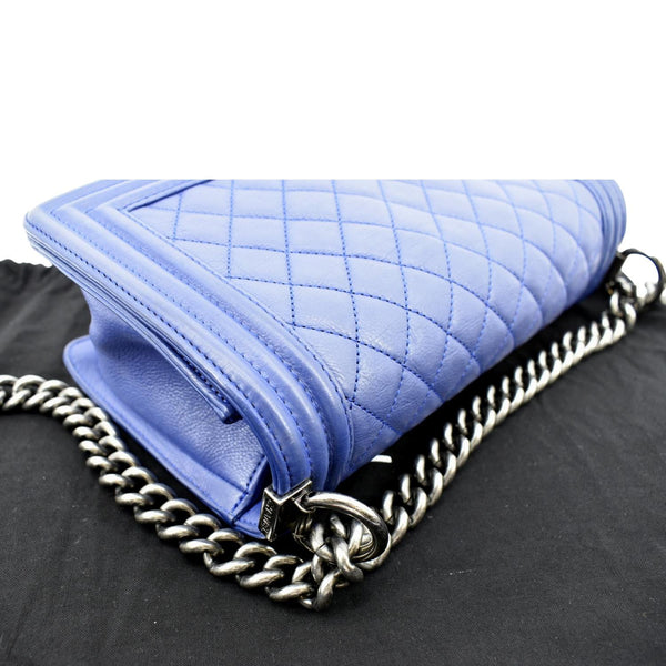 Chanel Boy Flap Calf Leather Crossbody Bag in Blue - Top Right Corner
