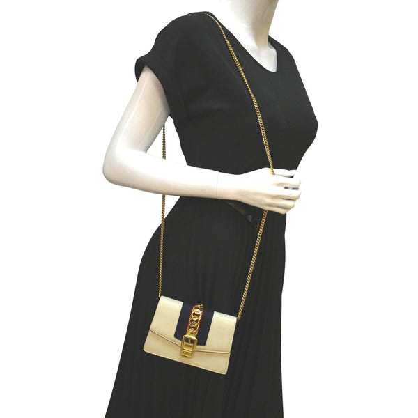 GUCCI Sylvie Super Mini Leather Crossbody Bag White 494646