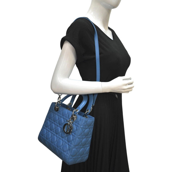 CHRISTIAN DIOR Medium Lady Dior Cannage Lambskin Leather Shoulder Bag Blue