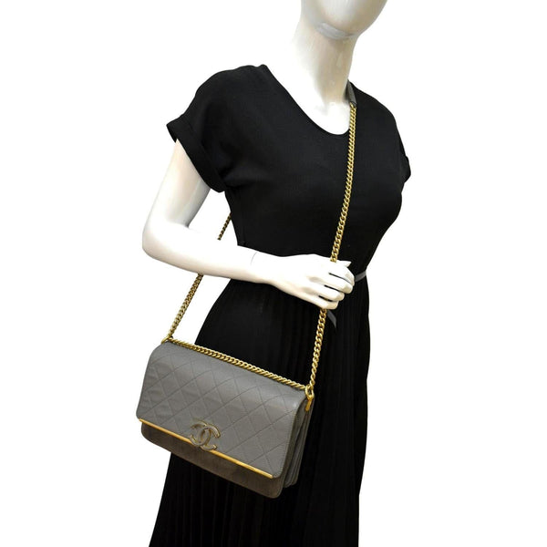 CHANEL Lady Coco Flap Suede Caviar Leather Crossbody Bag Gray