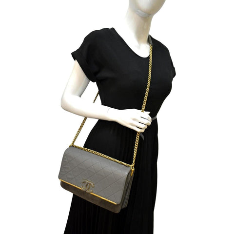 CHANEL Lady Coco Flap Suede Caviar Leather Crossbody Bag Gray