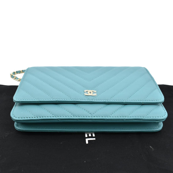 CHANEL CC WOC Chevron Leather Wallet On Chain Crossbody Bag Turquoise