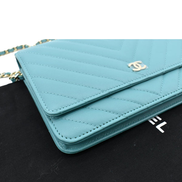 CHANEL CC WOC Chevron Leather Wallet On Chain Crossbody Bag Turquoise
