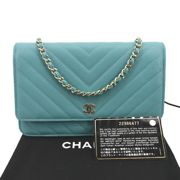 CHANEL CC WOC Chevron Leather Wallet On Chain Crossbody Bag Turquoise