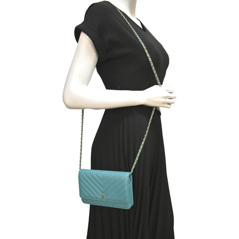 CHANEL CC WOC Chevron Leather Wallet On Chain Crossbody Bag Turquoise