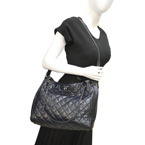 CHANEL Glazed Aged Calfskin Distressed Tote Shoulder Bag Blue