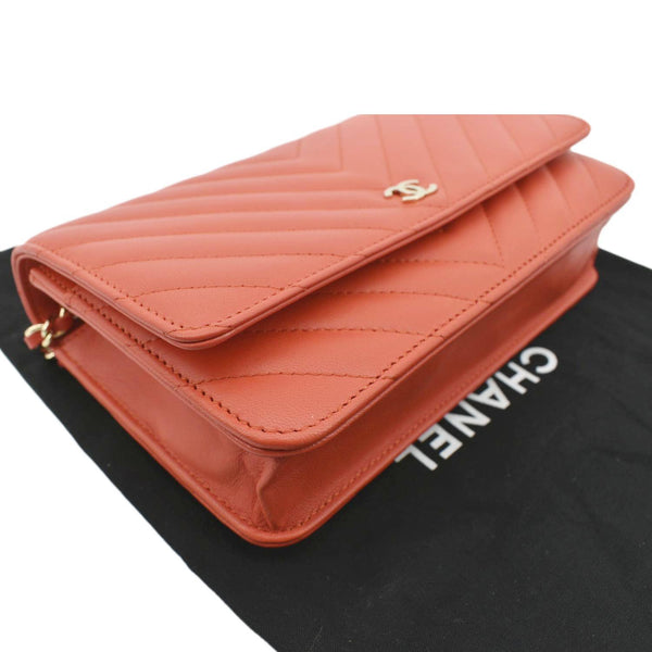 CHANEL CC WOC Chevron Leather Wallet On Chain Crossbody Bag Red