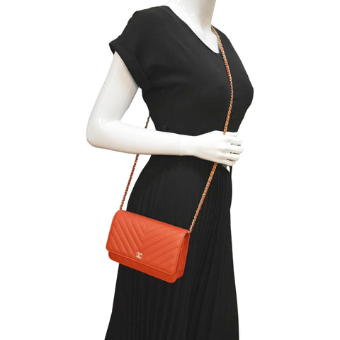 CHANEL CC WOC Chevron Leather Wallet On Chain Crossbody Bag Red