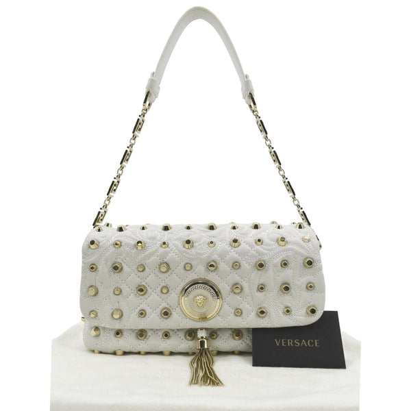 VERSACE Vanitas Medusa Tassel Leather Studded Shoulder Bag White