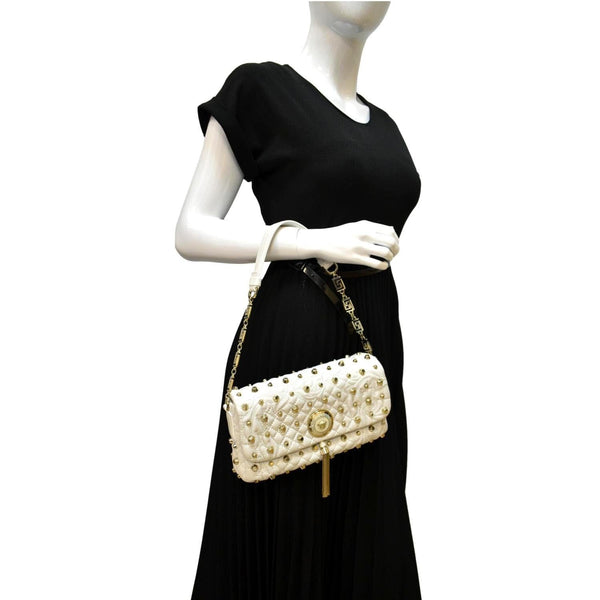 VERSACE Vanitas Medusa Tassel Leather Studded Shoulder Bag White