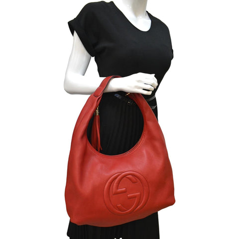 GUCCI Soho Pebbled Leather Hobo Shoulder Bag Red 282304