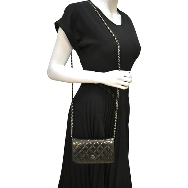 CHANEL Wallet on Chain Patent Leather Shoulder Bag Olive Green