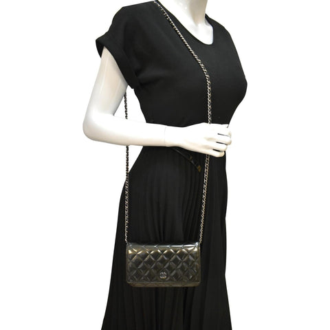CHANEL Wallet on Chain Patent Leather Shoulder Bag Olive Green