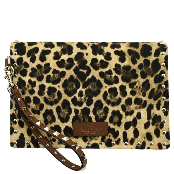 VALENTINO Rockstud Medium Leopard Print Canvas Clutch Bag Multicolor