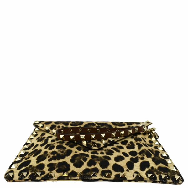 VALENTINO Rockstud Medium Leopard Print Canvas Clutch Bag Multicolor
