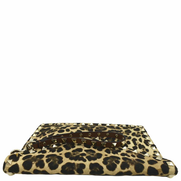 VALENTINO Rockstud Medium Leopard Print Canvas Clutch Bag Multicolor