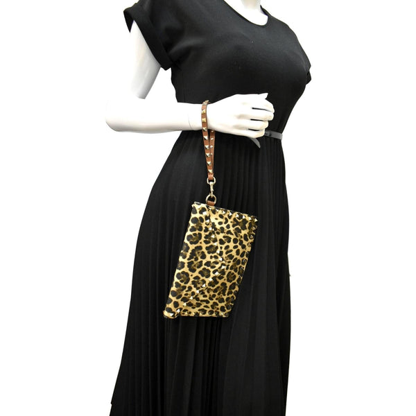 VALENTINO Rockstud Medium Leopard Print Canvas Clutch Bag Multicolor