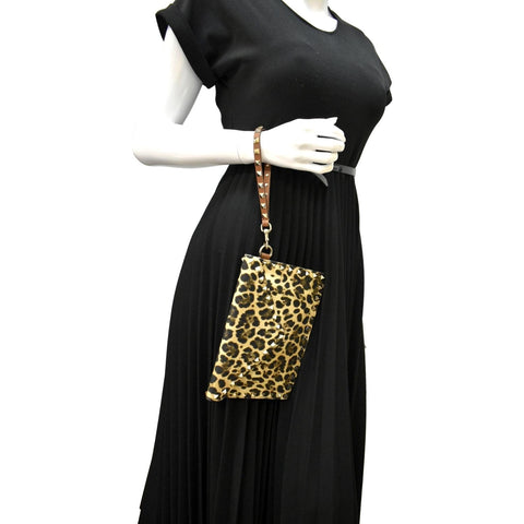 VALENTINO Rockstud Medium Leopard Print Canvas Clutch Bag Multicolor