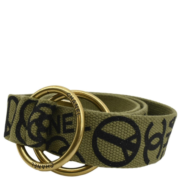 CHANEL CC Logo Embossed Canvas Belt Green